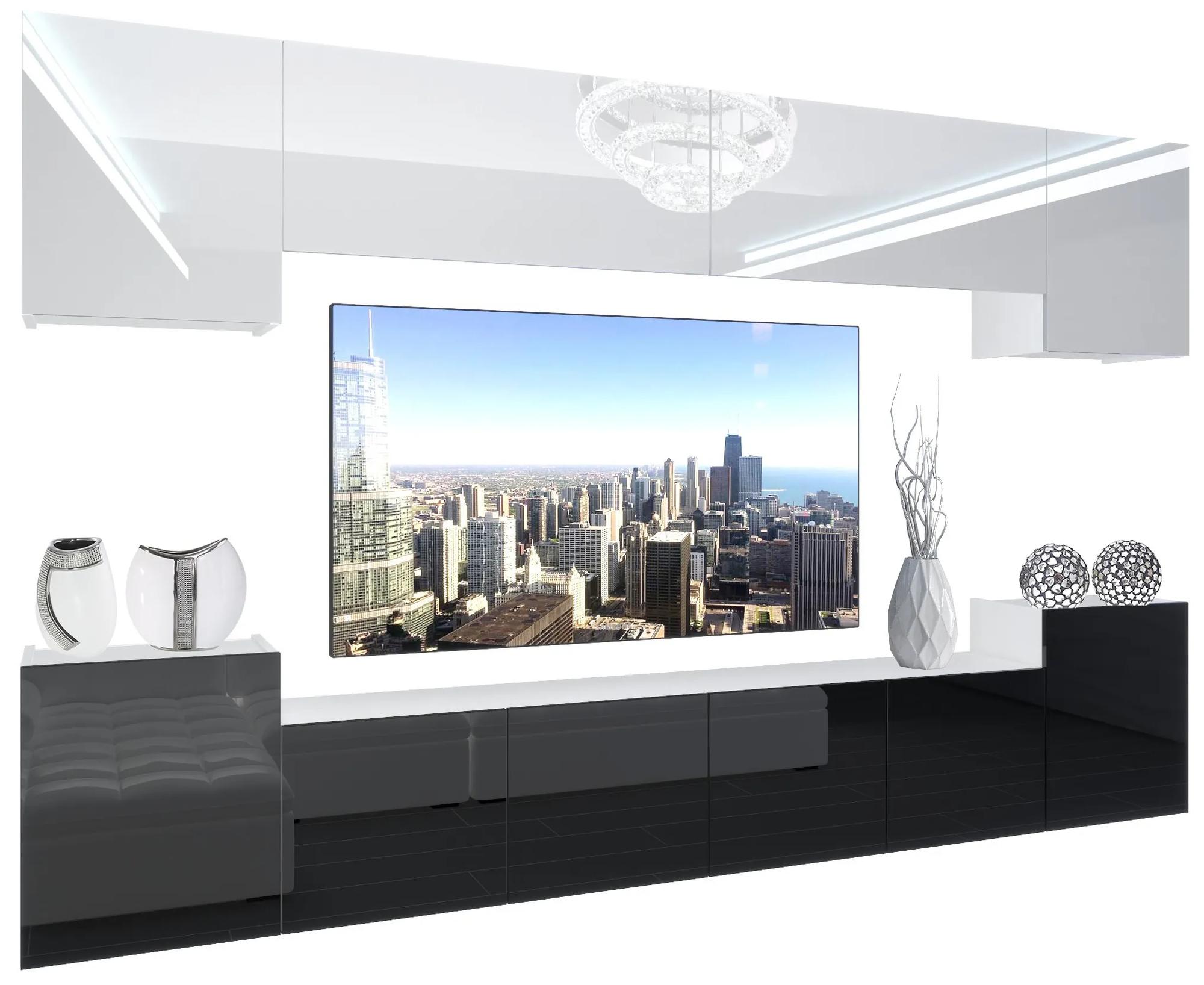 Obývacia stena Belini Premium Full Version biely lesk / čierny lesk + LED osvetlenie Nexum 135
