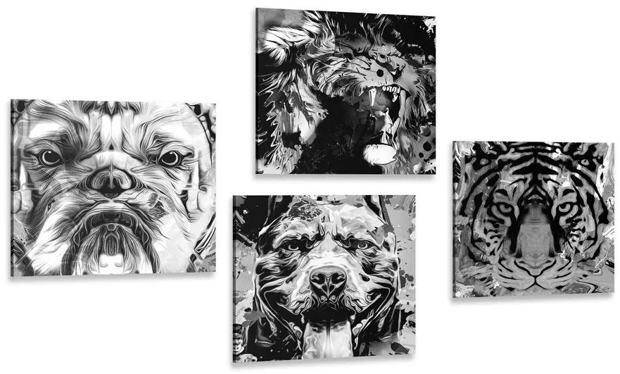 Set obrazov zvieratá v čiernobielom prevedení pop art štýlu
