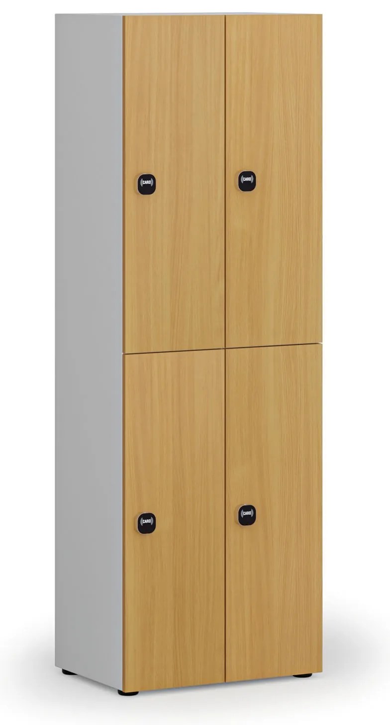 Drevená šatníková skrinka s úložnými boxmi, 4 boxy, RFID zámok, sivá/buk