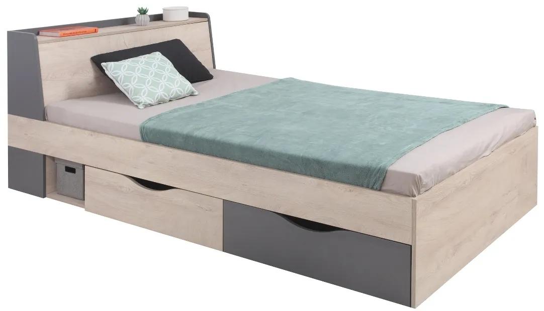 Študentska posteľ Gama 120x200cm s úložným priestorom - dub/antracit