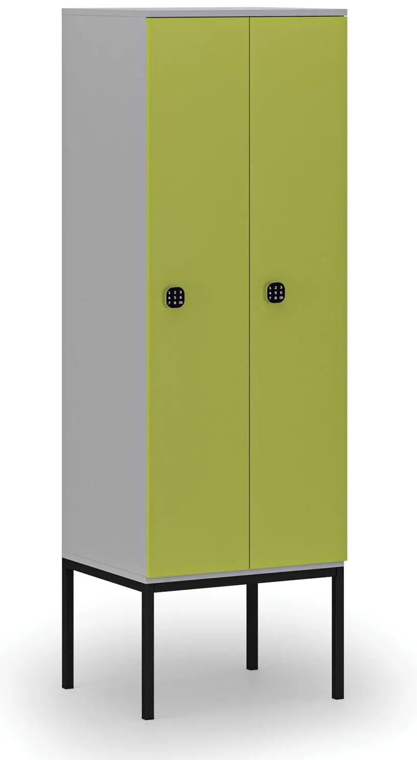 Drevená šatníková skrinka S4 s podnožou, 2 oddiely, 1871 x 600 x 500 mm, demont, kódový zámok, sivá/zelená