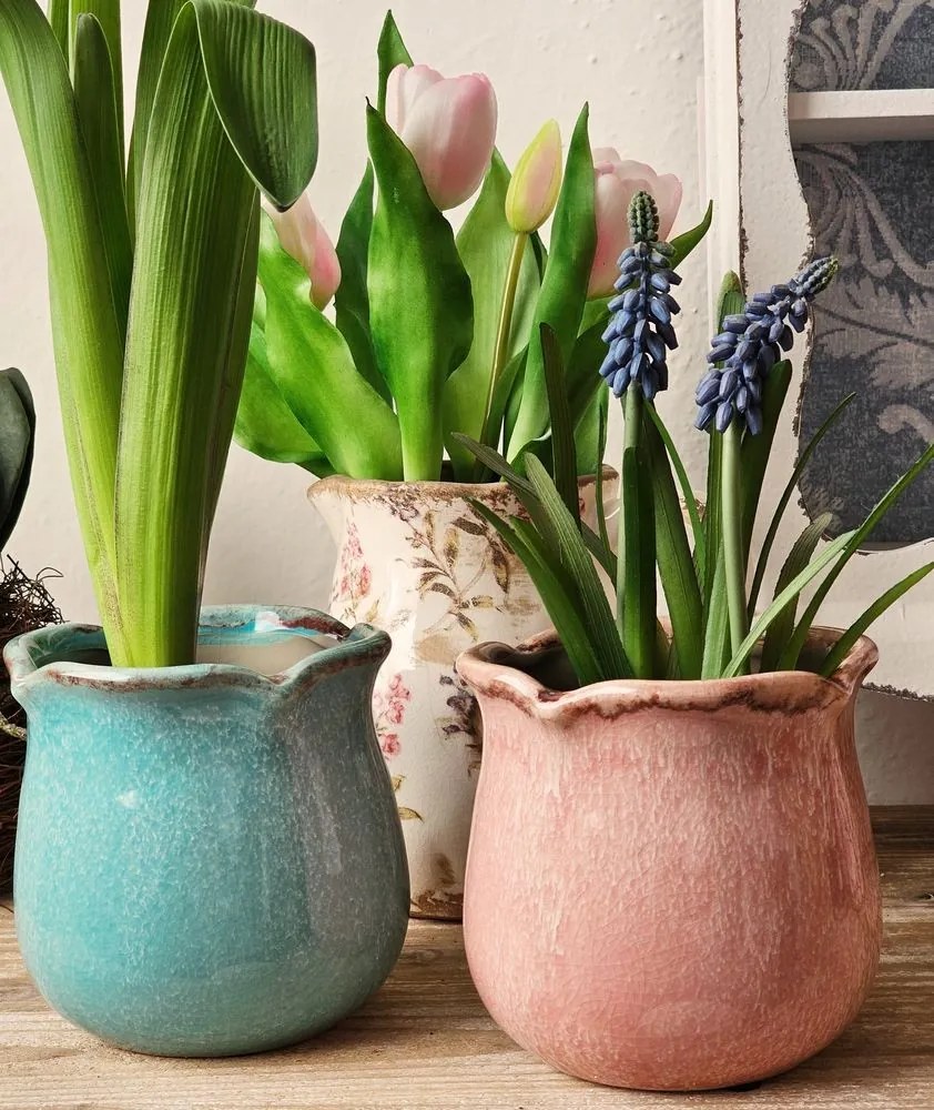 Modrý keramický obal na kvetináč s vlneným okrajom M - Ø 12*12 cm