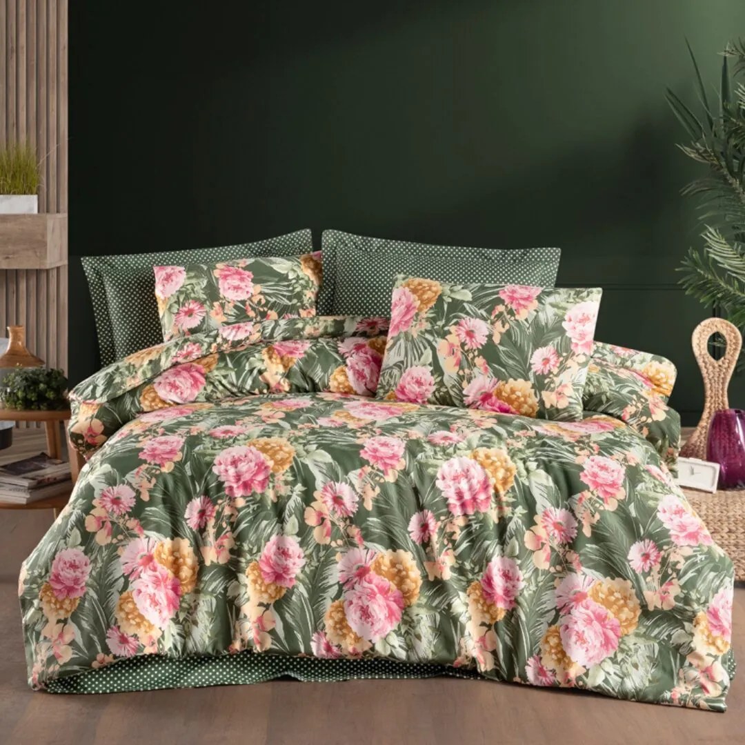 Obliečky bavlnené Victoria zelená TiaHome - 1x Vankúš 90x70cm, 1x Paplón 140x200cm