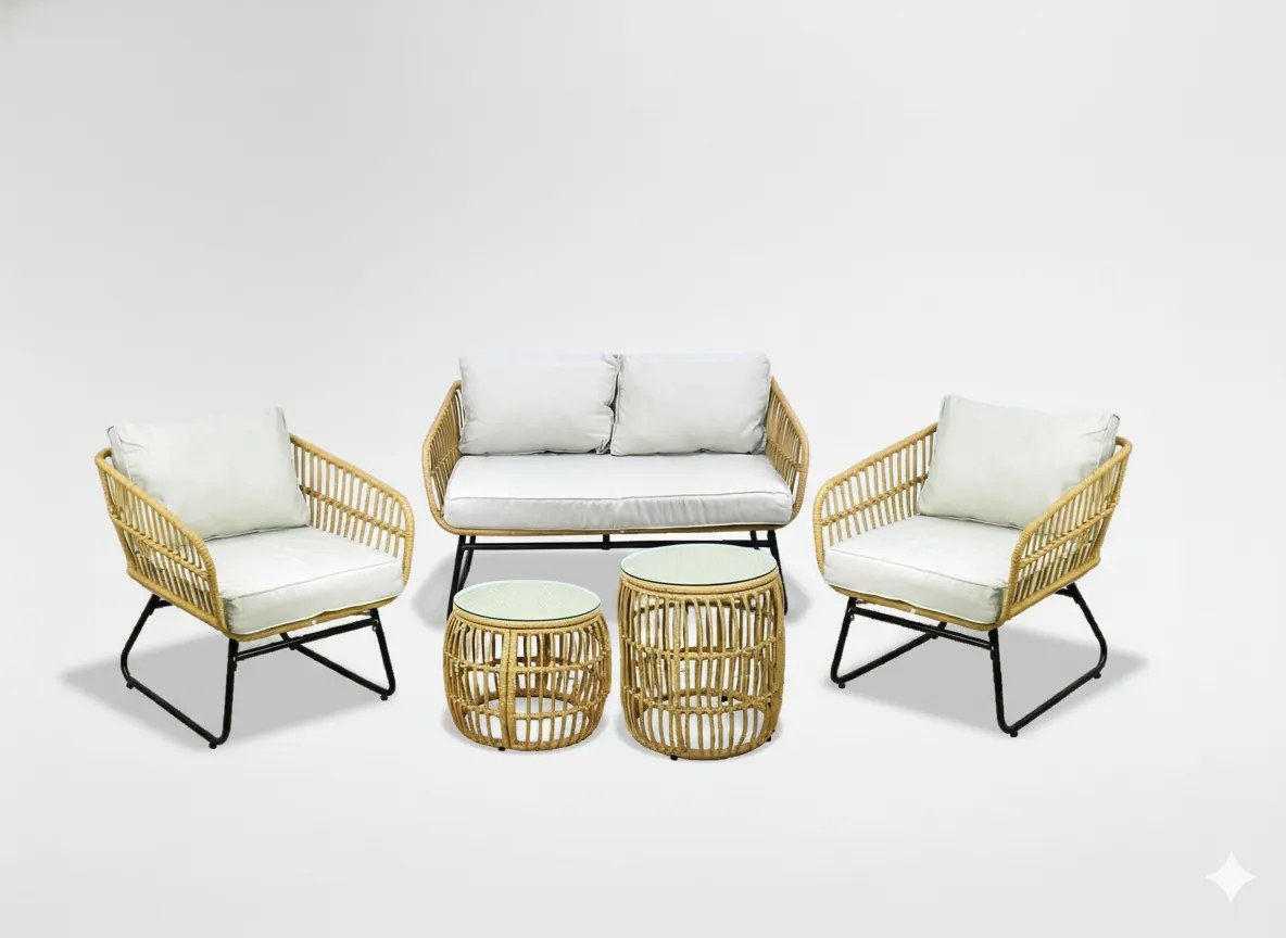 Garden Line ZÁHRADNÝ NÁBYTOK (SOFA, 2 STOLIČKY, 2 STOLY) - HNEDÁ, VANKÚŠE - ŠEDÁ *7534