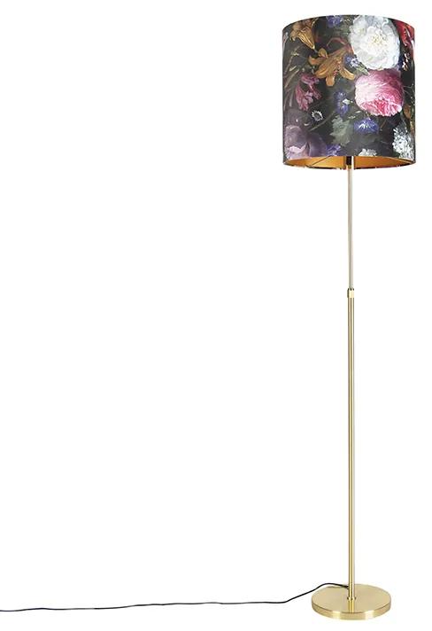 Stojaca lampa zlatá/mosadzná s tienidlom z velúru s kvetmi 40/40 cm - Parte