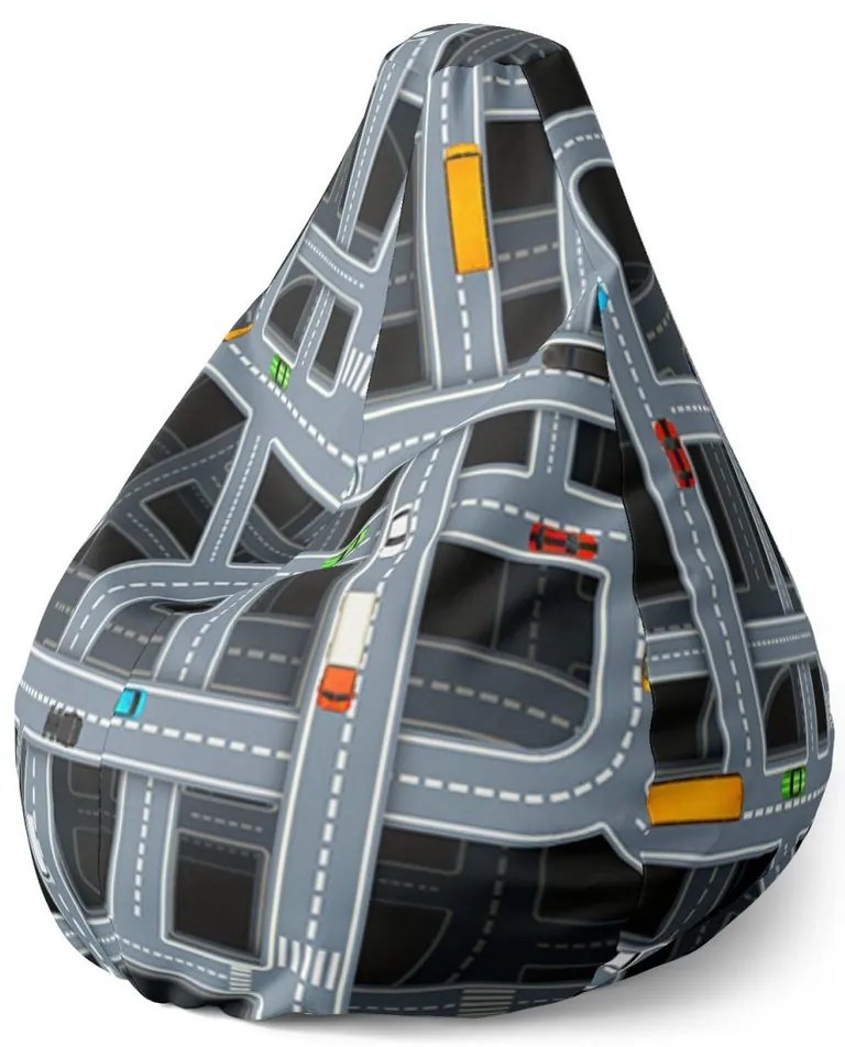 Sedací vak Pear detská autodráha, sivá / čierna