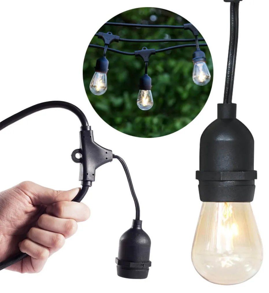 Vodeodolná svetelná dekoračná reťaz, 15 ks E27 LED žiaroviek, 14,6 m, teplá biela