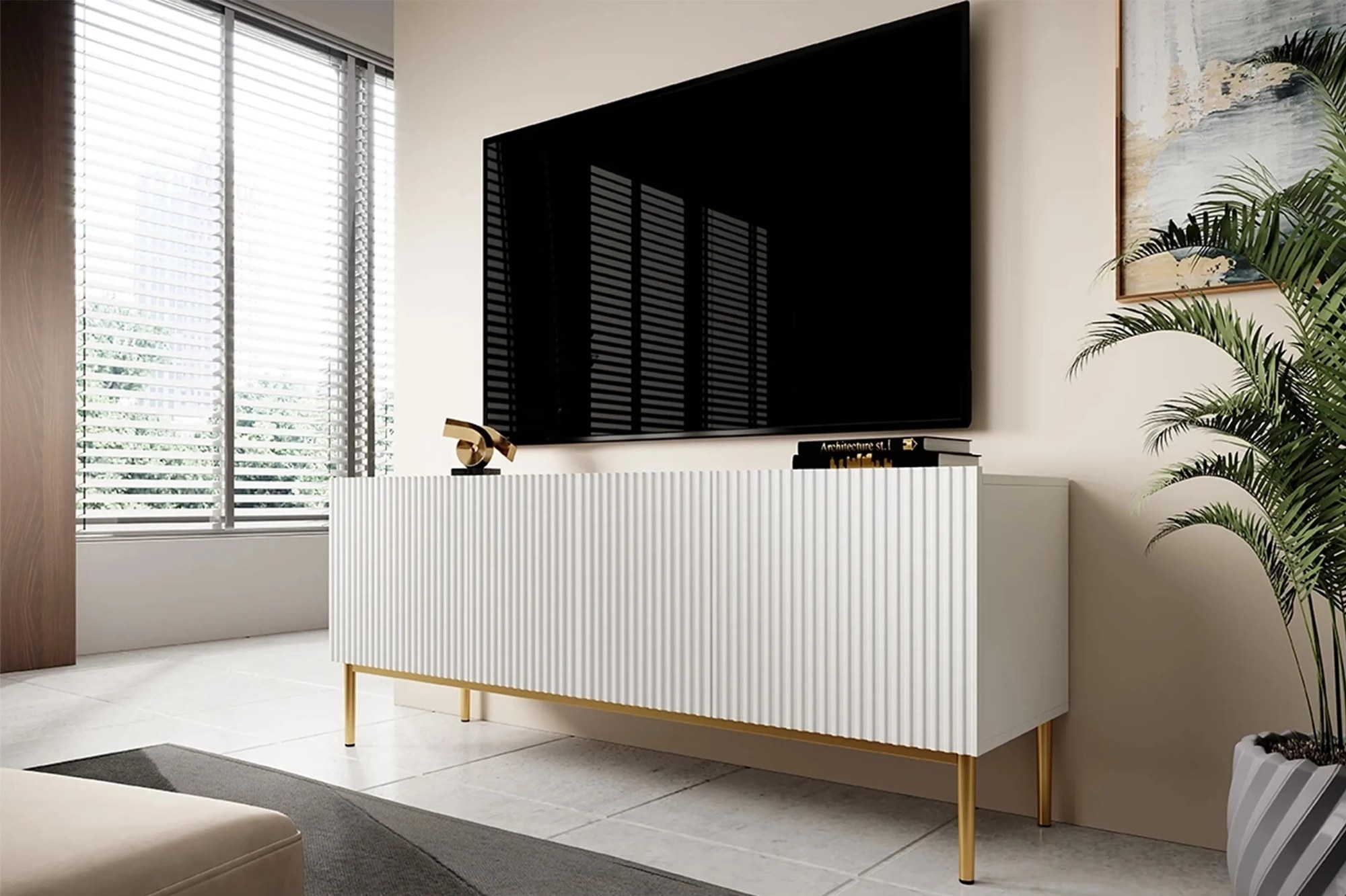 TV stolík Nicole 150 cm - biely mat / zlaté nožičky