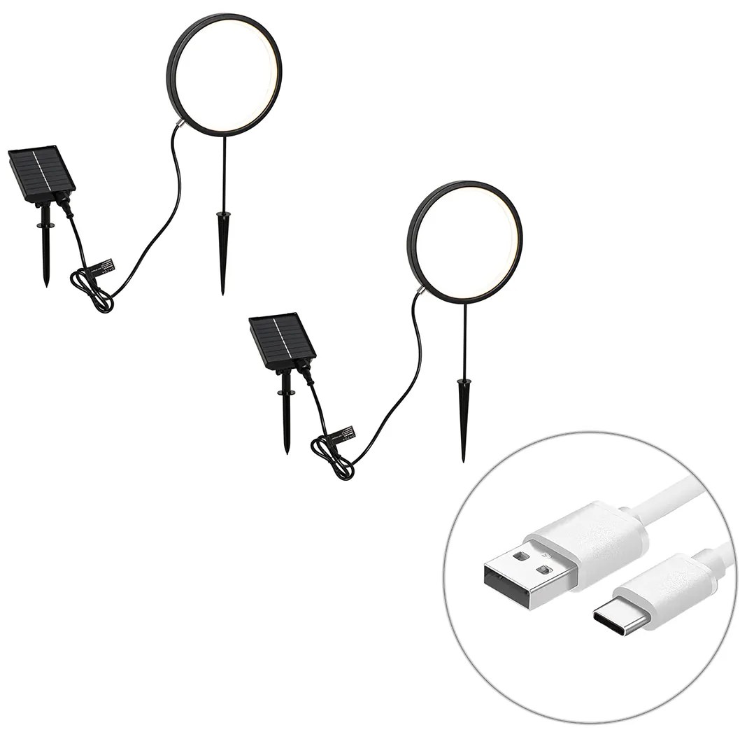 Sada 2 čiernych bodových svetiel 50 cm vrátane nabíjateľného LED a solárneho IP65 - Adalind