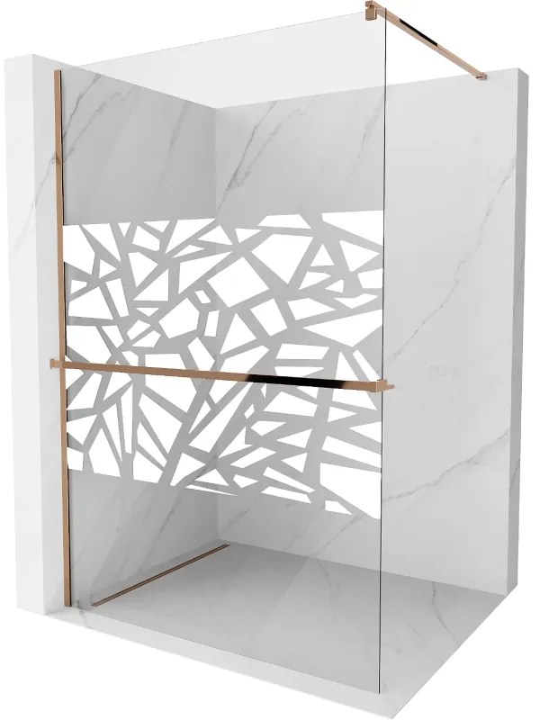 Mexen Kioto, sprchová zástena s poličkou a držiakom na uteráky 90 x 200 cm, 8mm číre sklo s bielym vzorom, profil ružové zlato, 800-090-121-60-85