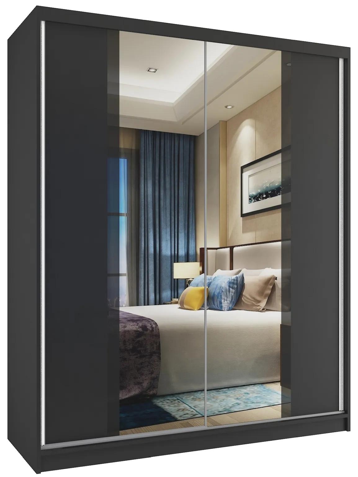 Šatníková skriňa 133 cm Belini čierny mat s posuvnými dverami a zrkadlom MV SZP2/2/B/B/B/HI