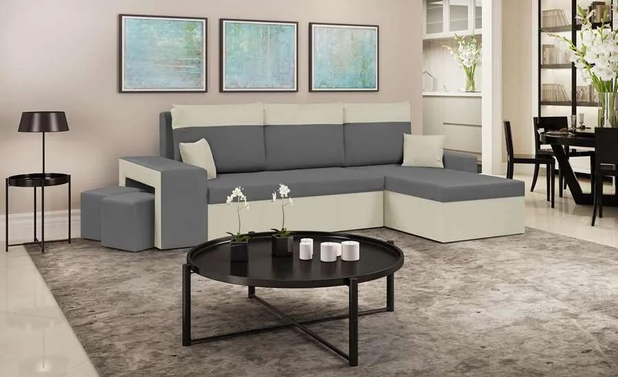 Rozkladacia rohová sedacia súprava NEVADA Sivá/Krémová + 2 Taburety