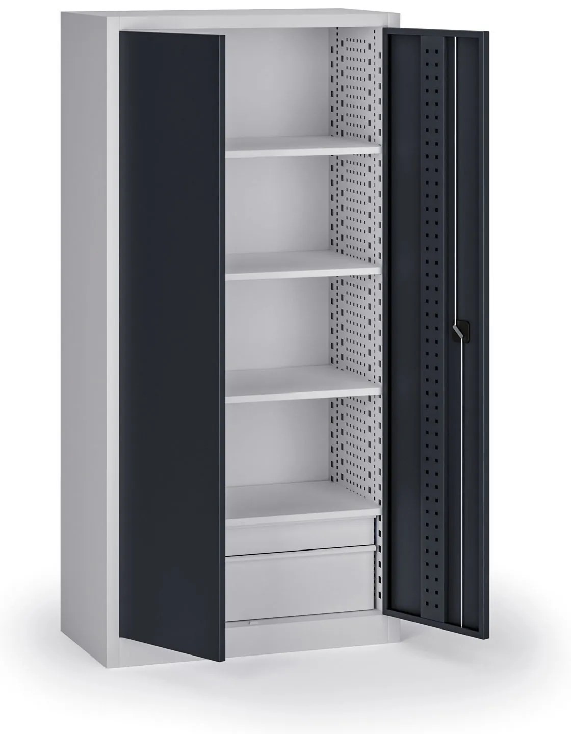 Policová dielenská skriňa 2-dverová, 4 police + 2 zásuvky, 1950 × 950 × 500 mm, grafitové dvere