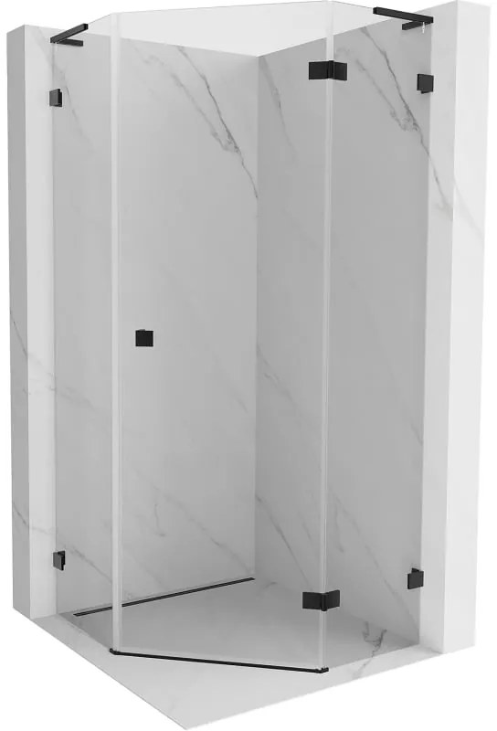 Mexen Lunar, L sklopný päťuholníkový sprchový kút pravý 90 x 90 cm, 8mm číre sklo, čierny profil, 831L-090P-090L-70-00-P