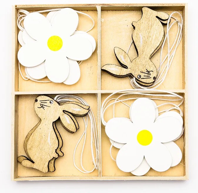 DECOLED Veľkonočná drevená dekorácia, kvetina a zajac, 12 ks/balenie.