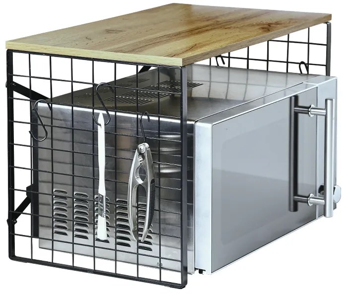 Stojan na mikrovlnku, prídavná polička, čierny kov, drevo dub