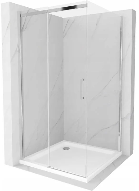 Mexen Omega, sprchovací kút s posuvnými dverami 100 (dvere) x 100 (stena) cm, 8mm číre sklo, chrómový profil + slim sprchová vanička 5cm, 825-100-100-01-00-4010