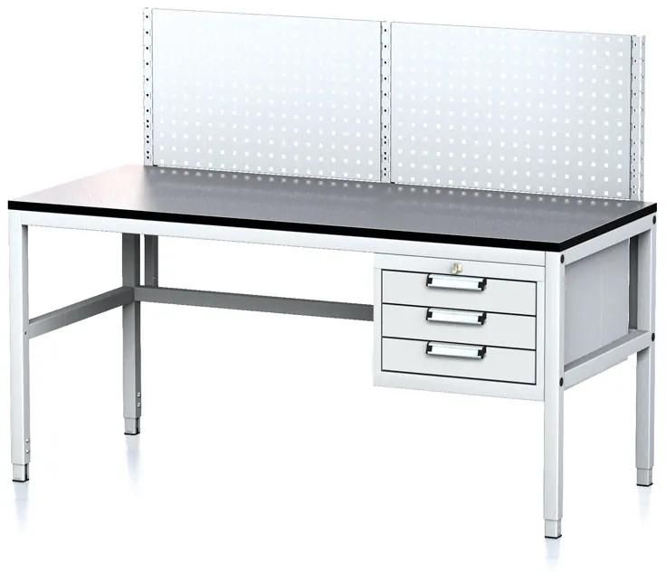 Alfa 3 Nastaviteľný dielenský stôl MECHANIC II s perfopanelom, 3 zásuvkový box na náradie, 1600x700x745-985 mm, sivá/sivá
