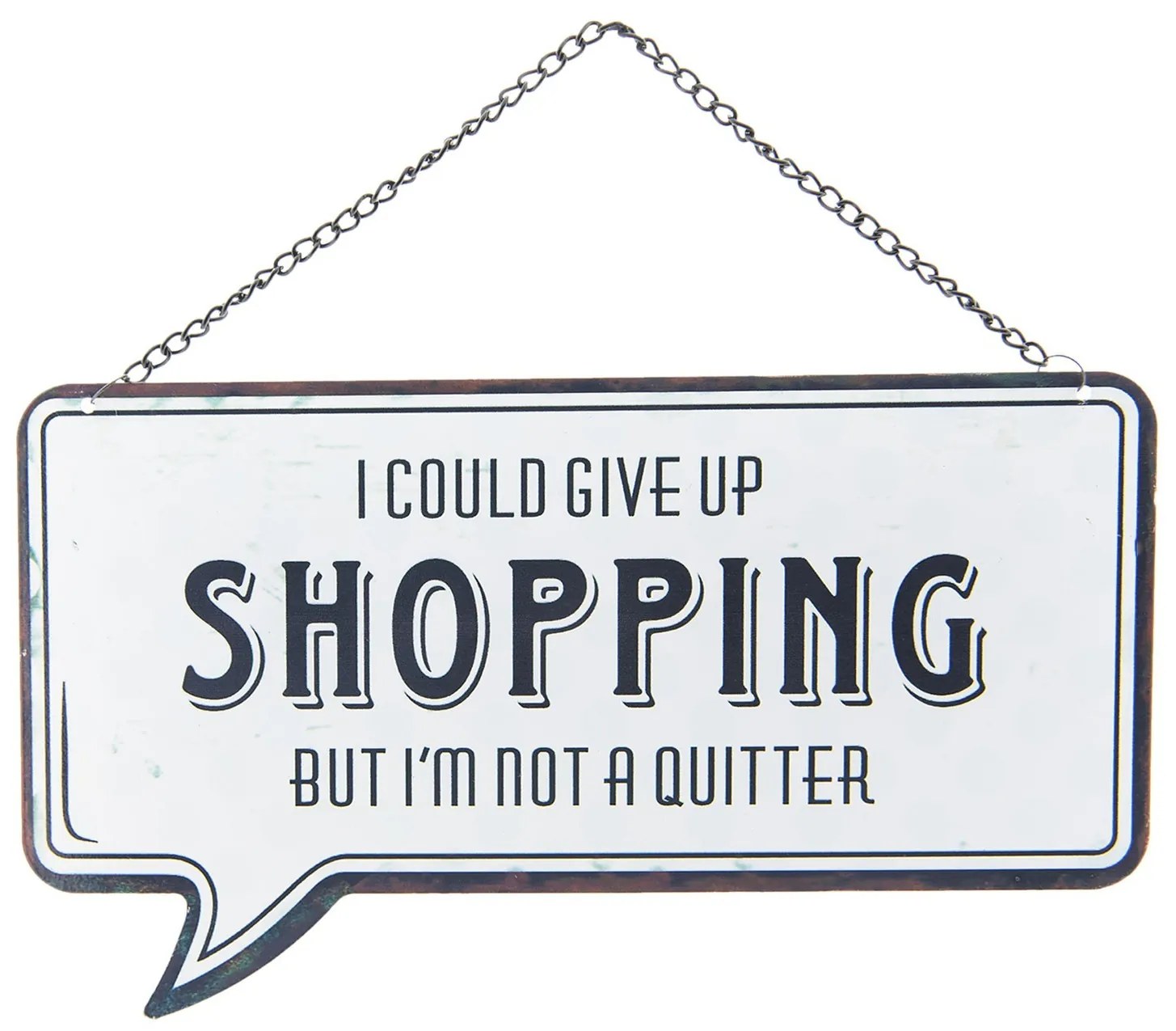 Biela kovová ceduľa SHOPPING s odieraním a patinou- 24 * 13 cm