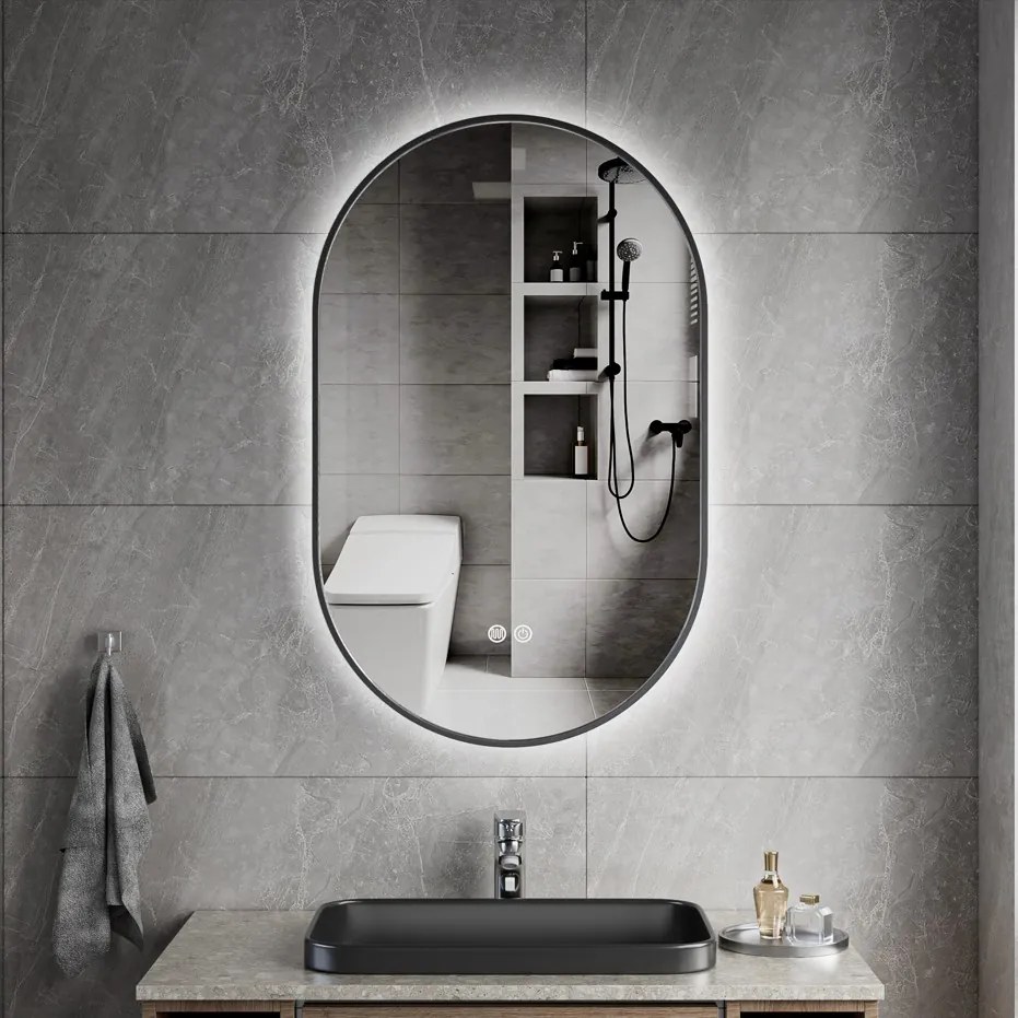 Erga Freya, oválne LED zrkadlo 50x80cm v čiernom kovovom ráme, 3 farby svetla, zadné osvetlenie, vyhrievacia podložka proti zapareniu, ERG-V01-FREYA-5080-BK