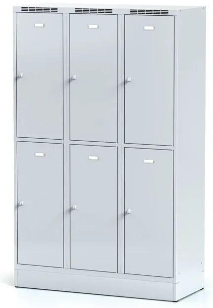 Alfa 3 Šatníková skrinka S6 na sokli s úložnými boxami, 6 boxov, 1920 x 1200 x 500 mm, otočný zámok, sivé dvere