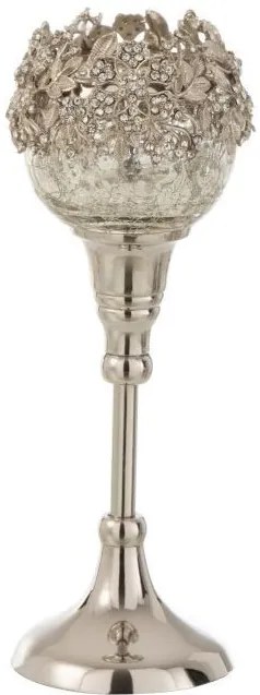 Sklenený svietnik na nožičke so strieborným zdobením a kamienky Luxy - Ø 10 * 24cm