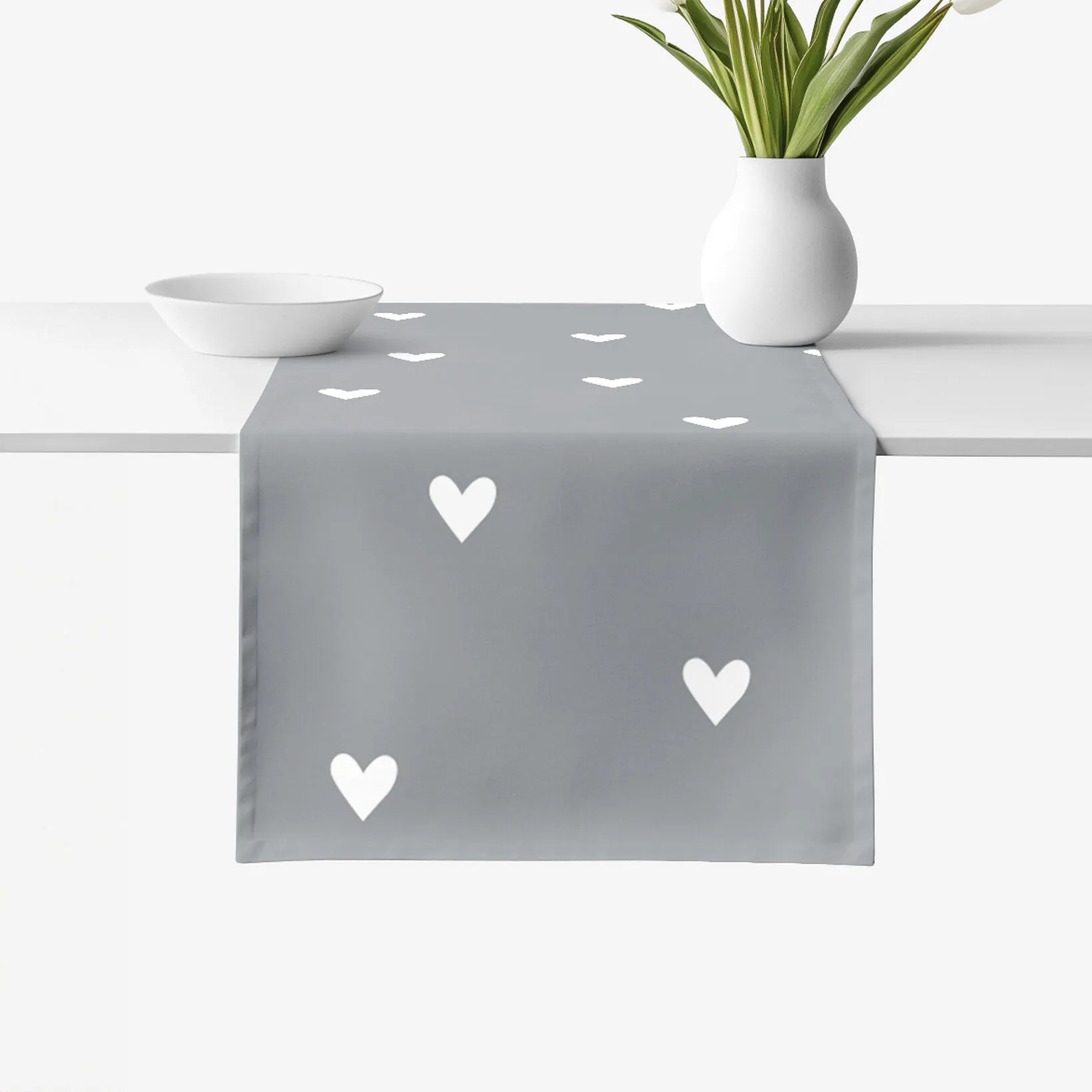 Goldea behúň na stôl 100% bavlnené plátno - srdiečka na sivom 35x120 cm