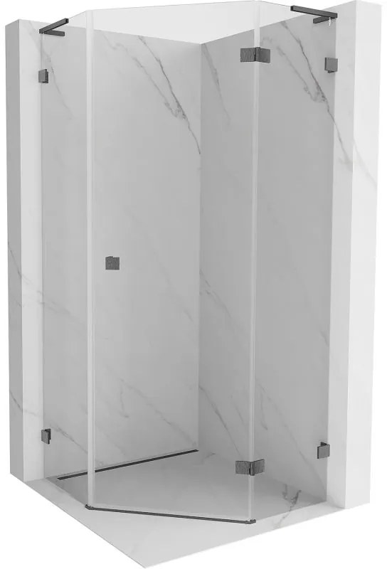Mexen Lunar, L pravý výklopný päťuholníkový sprchový kút 80x80 cm, 8mm číre sklo, profil grafit brúsený, 831L-080P-080L-66-00-P
