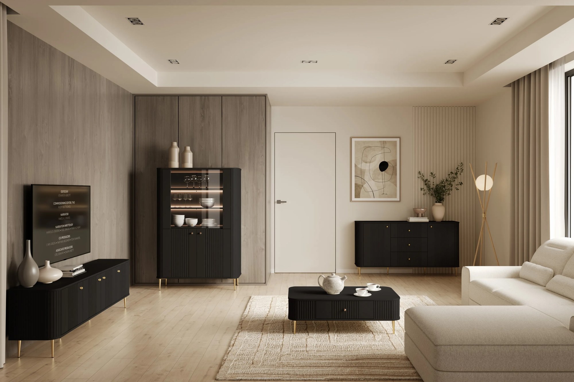 Vitrína Vesper 103 cm - čierna / zlaté nožičky