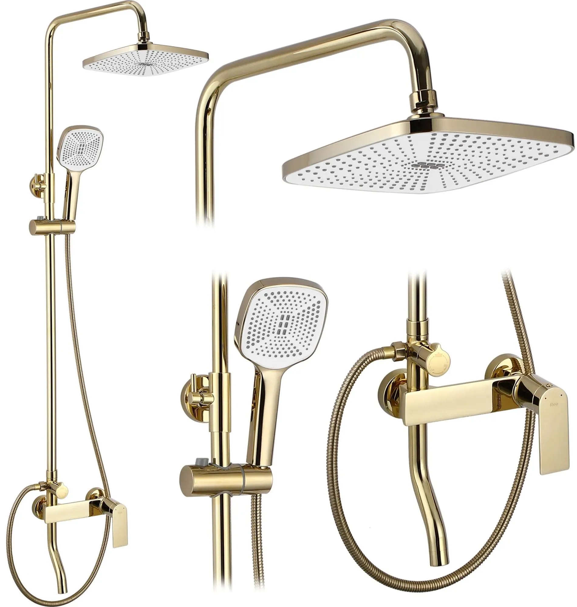 Rea Storm, sprchová-vaňová súprava dažďovou hlavovou a ručnou sprchovou hlavicou, zlatá lesklá, REA-P9530