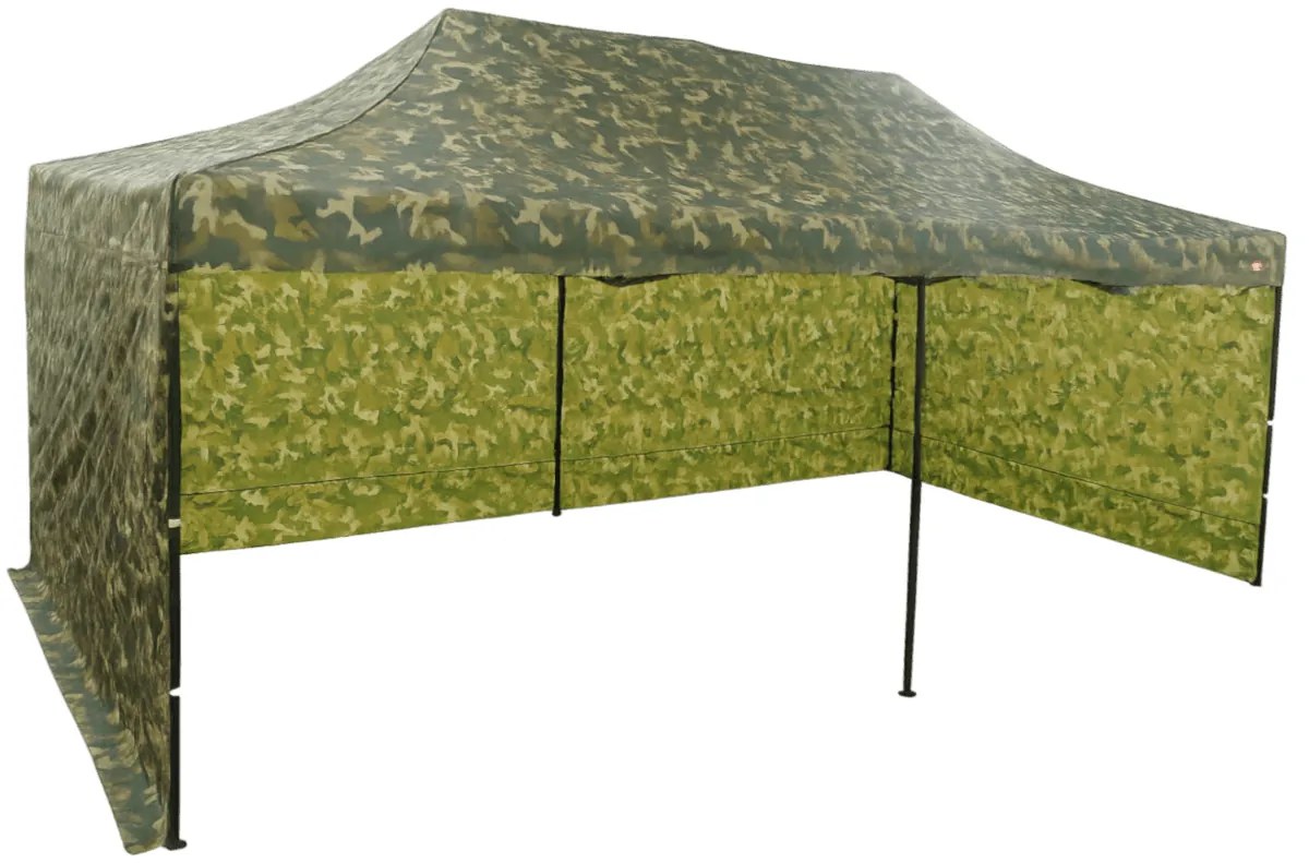 Rýchlorozkladací nožnicový stan 3x6m – oceľový, 3 bočné plachty, Maskáčová