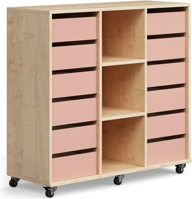 Úložná skriňa CASPER, 12 zásuviek, 3 priehradky, breza, tmavoružová