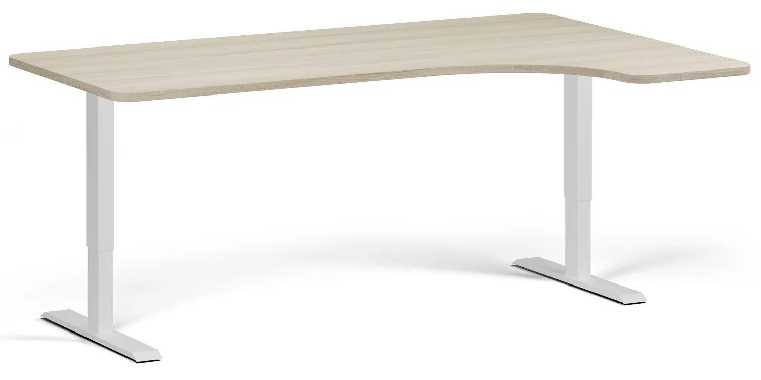 Výškovo nastaviteľný stôl, 180x120 cm, 2 motory, L/P, biela podnož, dub prírodný