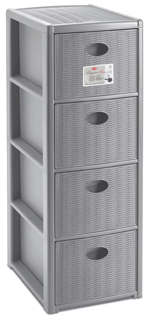 STEFANPLAST Úložný plastový regál Elegance Slim, 4 zásuvky, sivý
