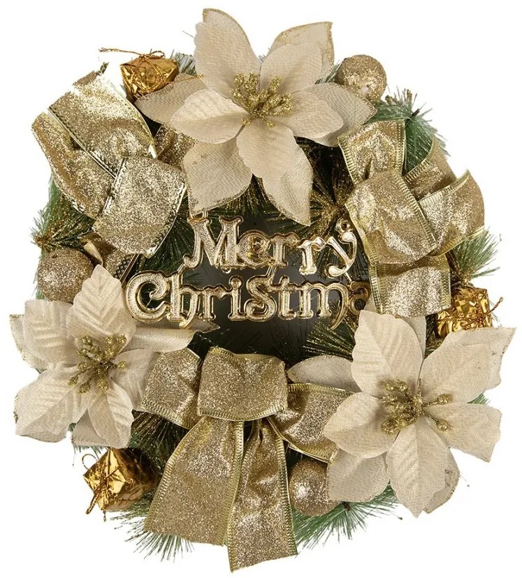 Zeleno-zlatý vianočný veniec s mašľami Merry Christmas - Ø 30*8 cm