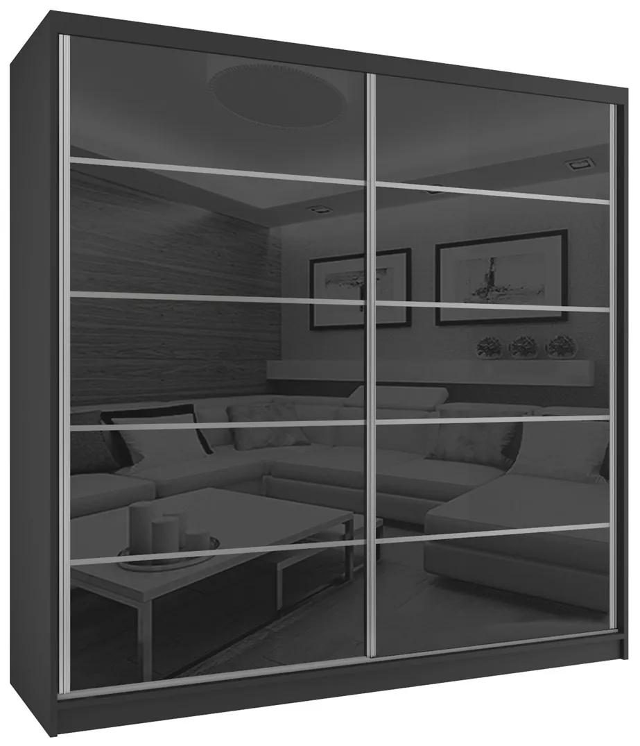 Šatníková skriňa 200 cm Belini čierny mat / čierny lesk s posuvnými dverami a zrkadlom BH SZP1/2/B/WI/5B/HI