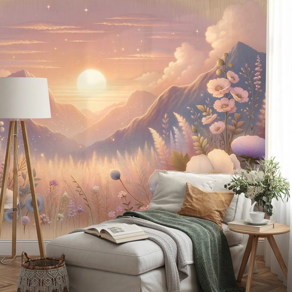 Tapeta pastelová krajina s kvetmi pri západe slnka
