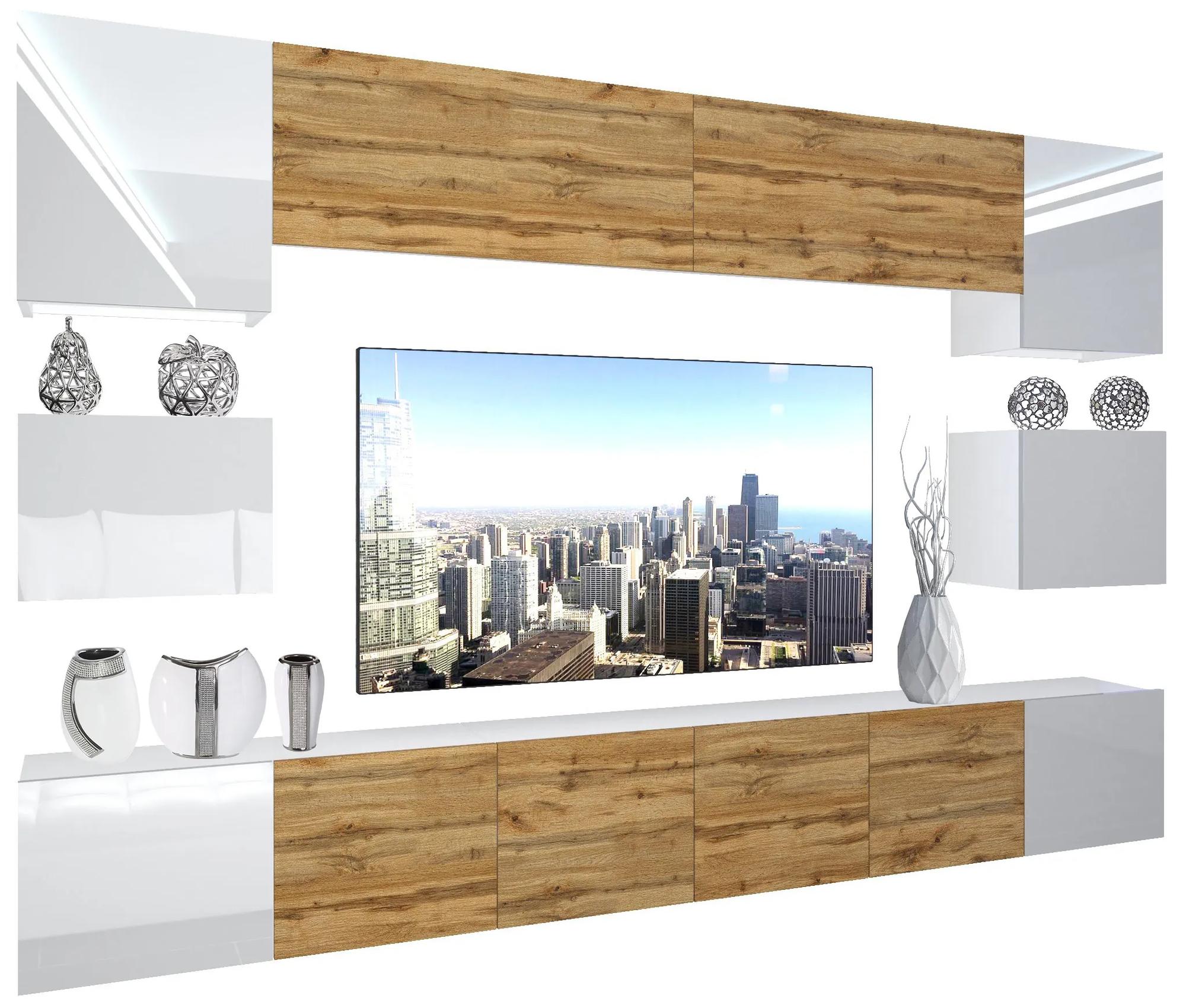 Obývacia stena Belini Premium Full Version dub wotan / biely lesk + LED osvetlenie Nexum 44