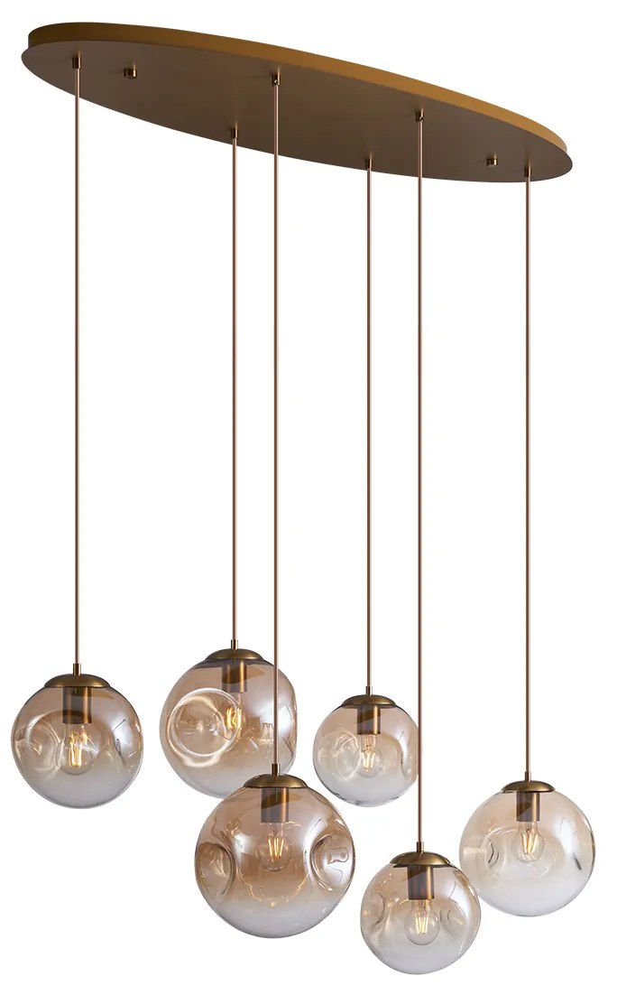 Art Deco závesná lampa mosadzná s oválnou stropnou doskou a jantárovým sklom 6-svetiel - Douglass
