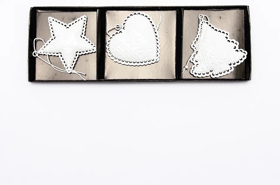 DECOLED Závesná kovová dekorácia, sada: hviezda, srdce, strom 7 cm