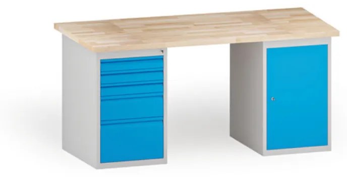 Dielenský stôl KOVONA, 1 závesná skrinka a 5 zásuviek na náradie, buková škárovka, 1700 mm