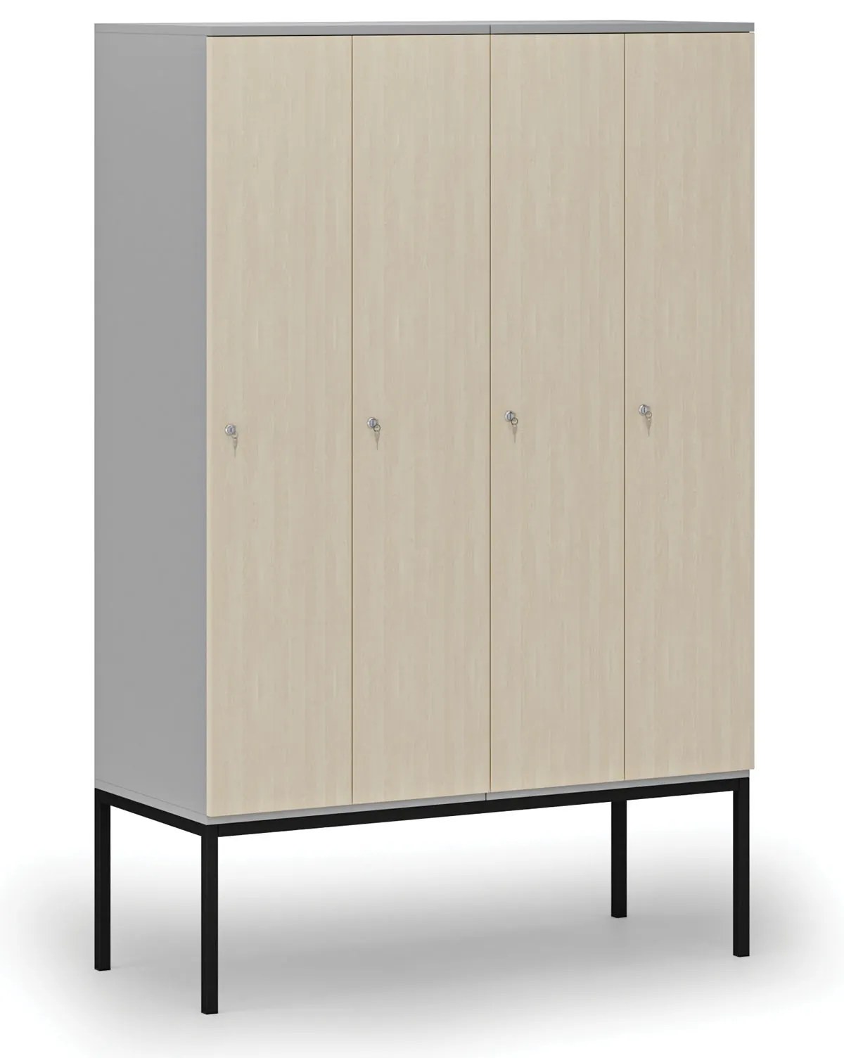 Drevená šatníková skrinka s podnožou, 4 oddiely, 1871 x 1200 x 500 mm, demont, cylindrický zámok, sivá/breza