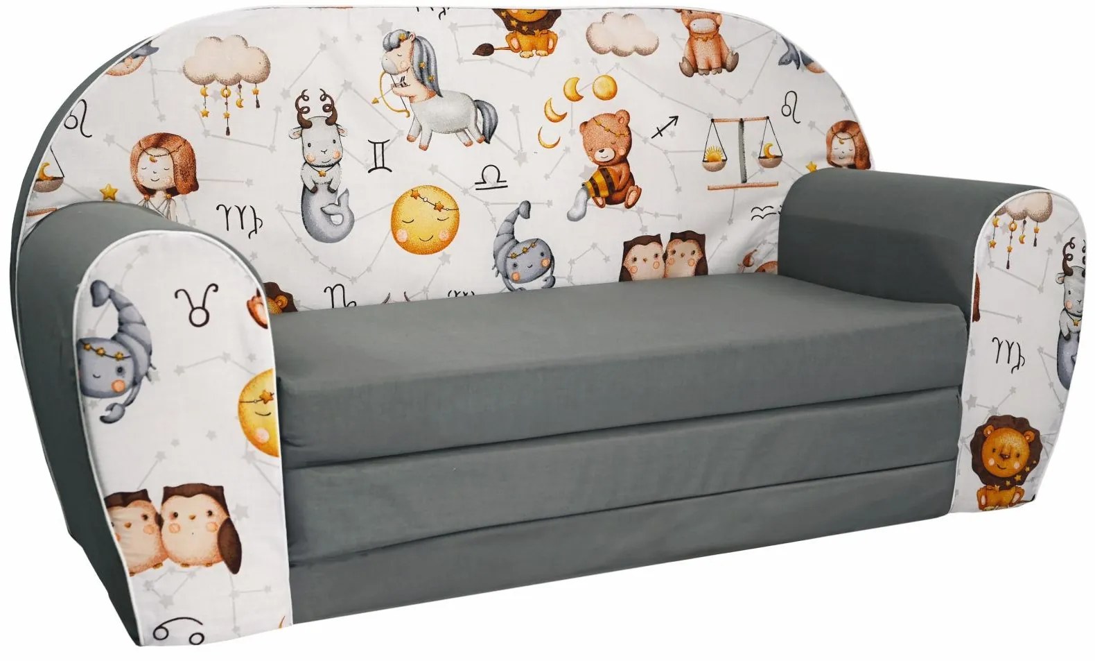 Detská rozkladacia MINI pohovka Nebeské znamenia - šedá/biela