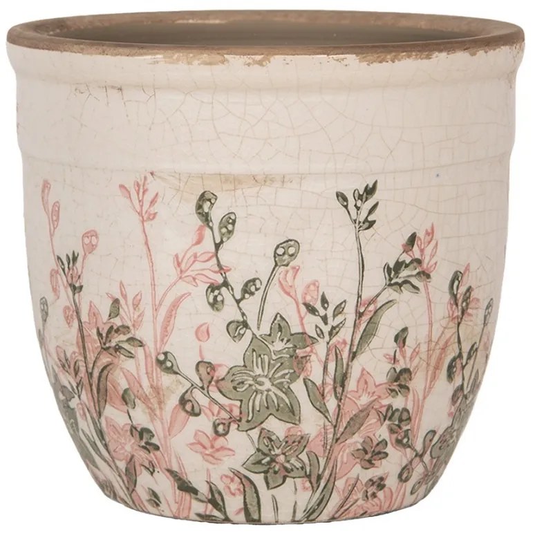 Béžový antik keramický obal na kvetináč s ružovo-zelenými kvetmi M - Ø 16*14 cm