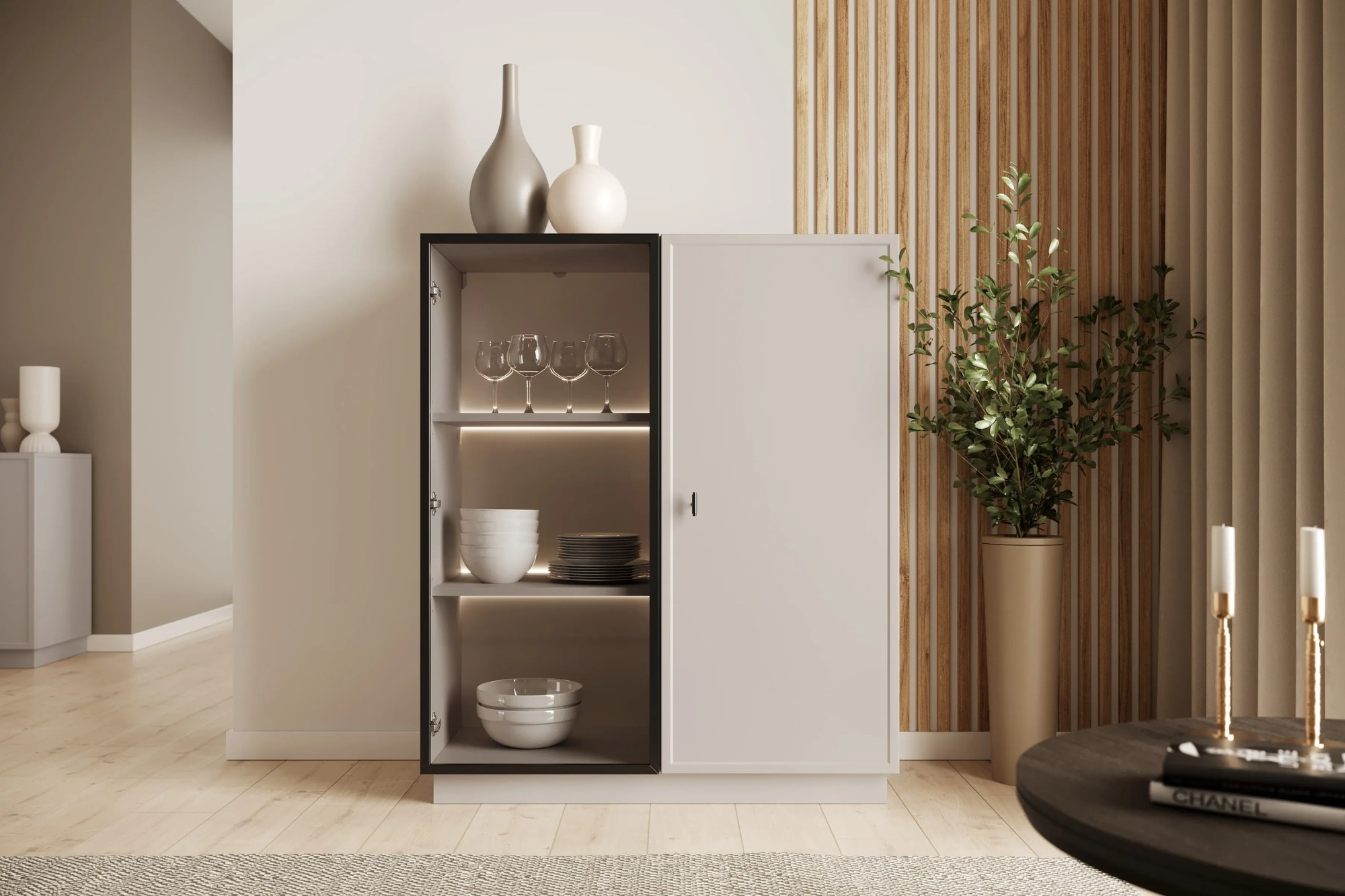 Vitrína Lorini 100 cm na sokli - kašmírová / čierna úchytka T