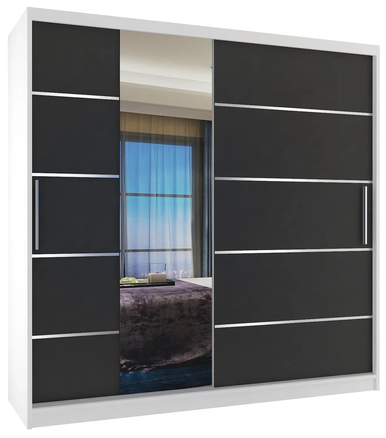 Šatníková skriňa 200 cm Belini biela mat / čierny mat s posunými dverami zrkadlom a zásuvkami  MBP SZP5/1/W/B/0/KLAL