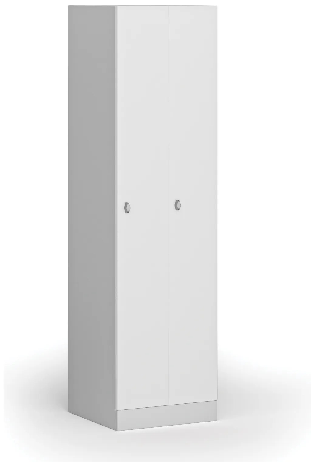 Kovová šatníková skrinka S1 zúžená, 2 oddiely, 1850 x 500 x 500 mm, demont, otočný zámok, laminované dvere, biela
