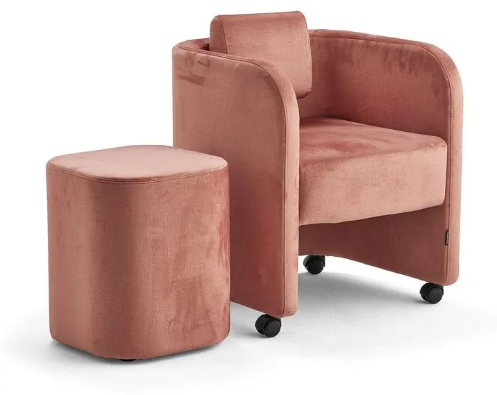 Nábytková zostava COMFY, kreslo + taburet, s kolieskami, zamat, lososová ružová