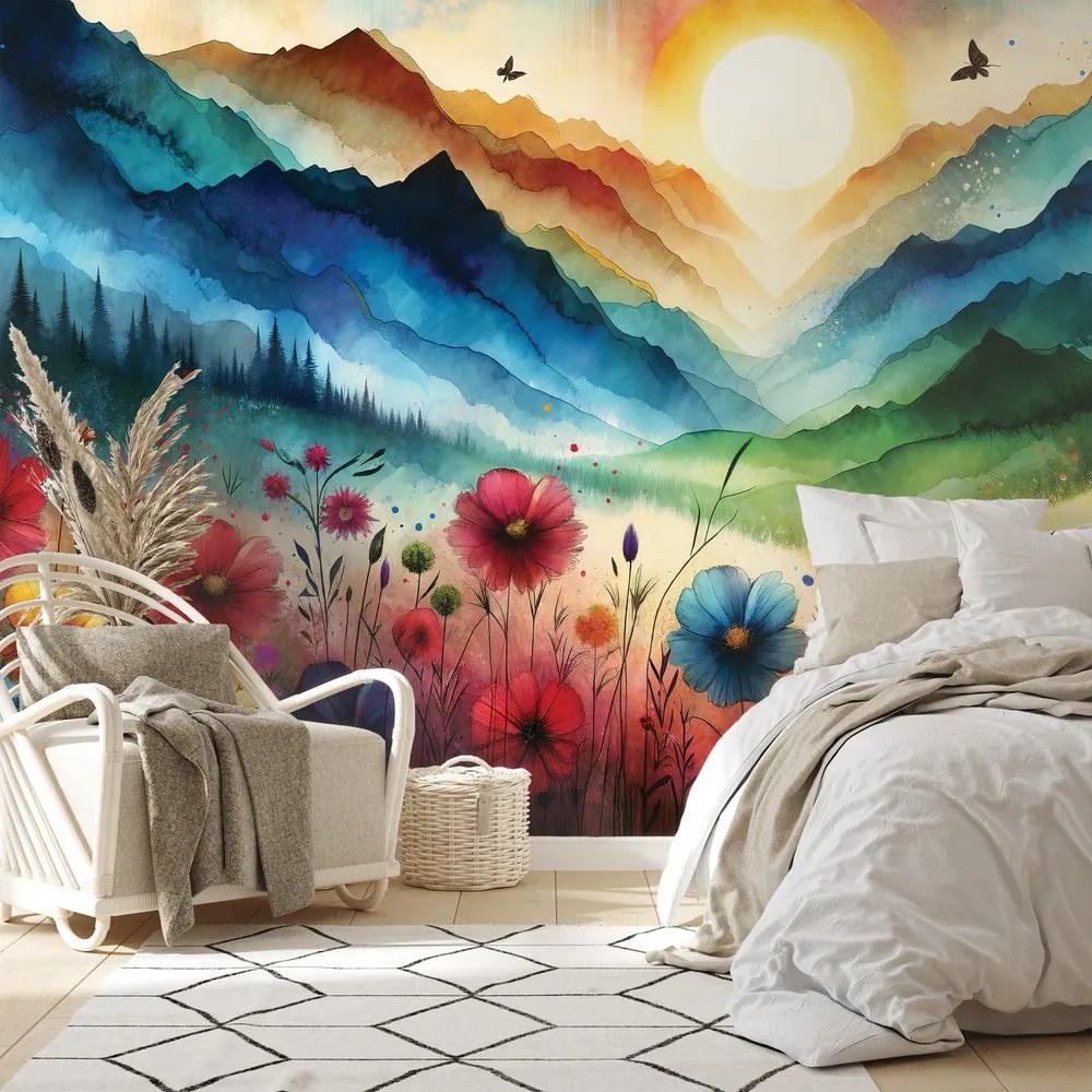 Tapeta farebná horská krajina s kvetmi