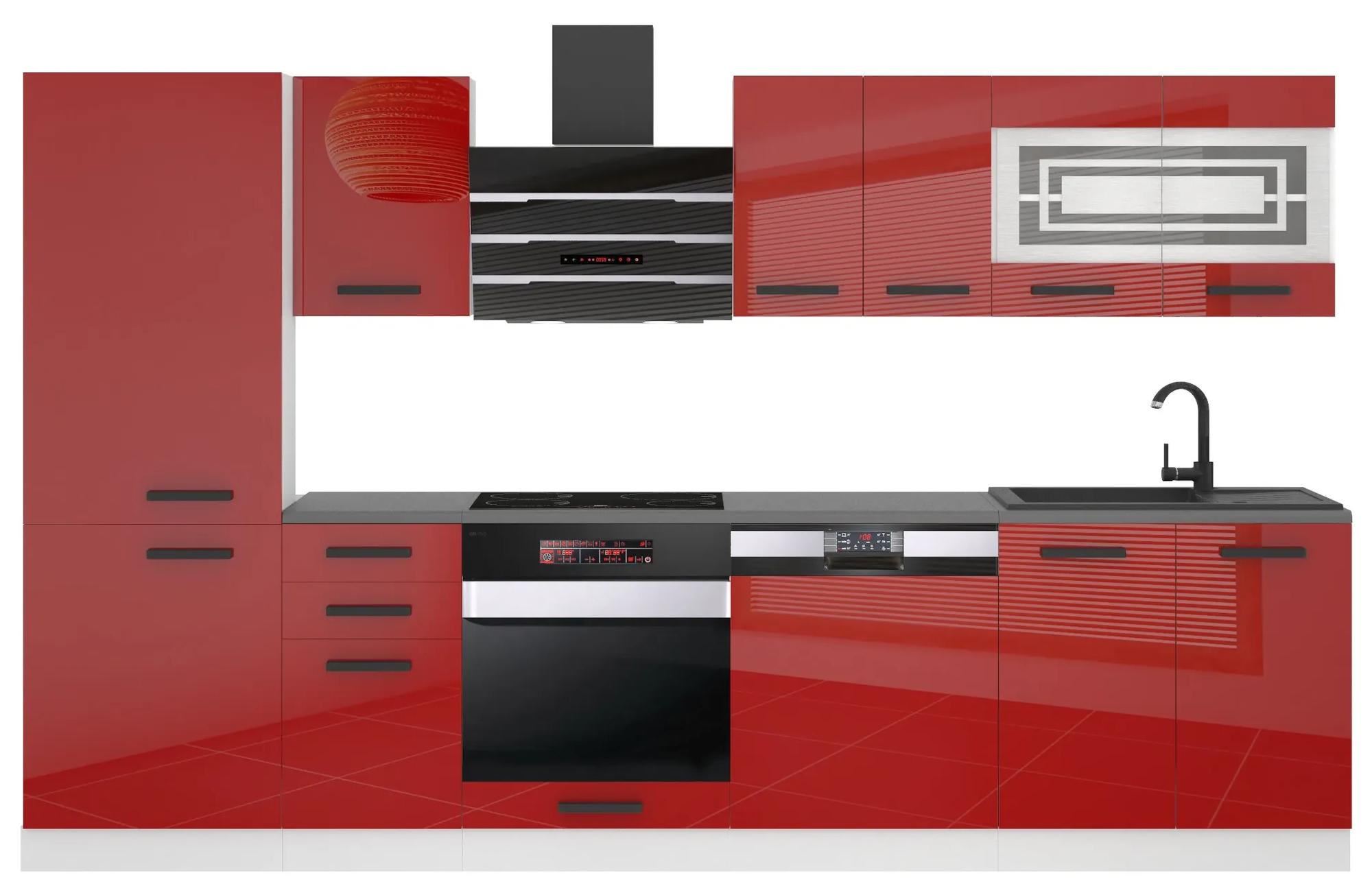 Kuchynská linka Belini Premium Full Version 300 cm červený lesk s pracovnou doskou CINDY